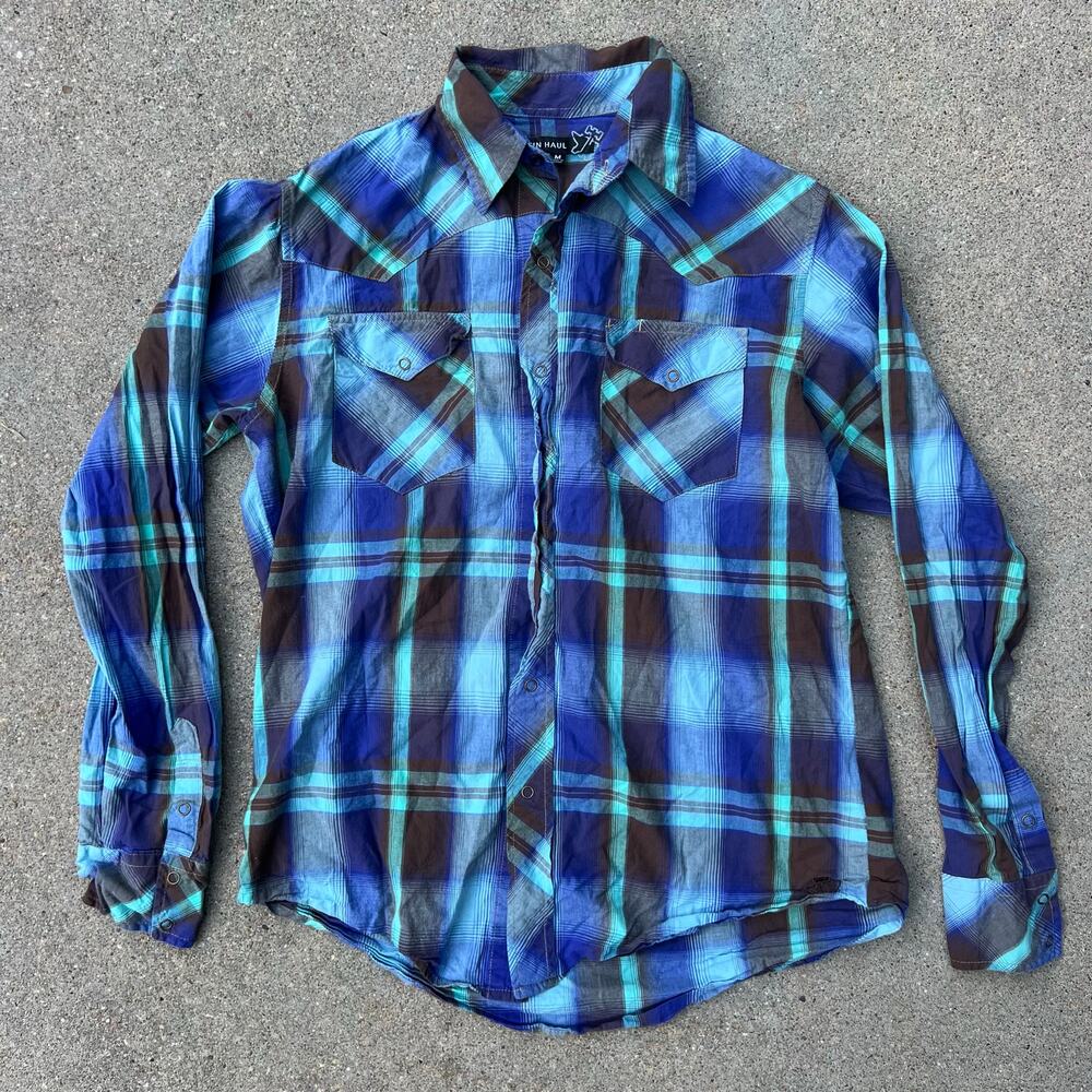 Tin Haul Blue Navy Plaid Snap Front Long Sleeve Cowboy Western Shirt MEDIUM